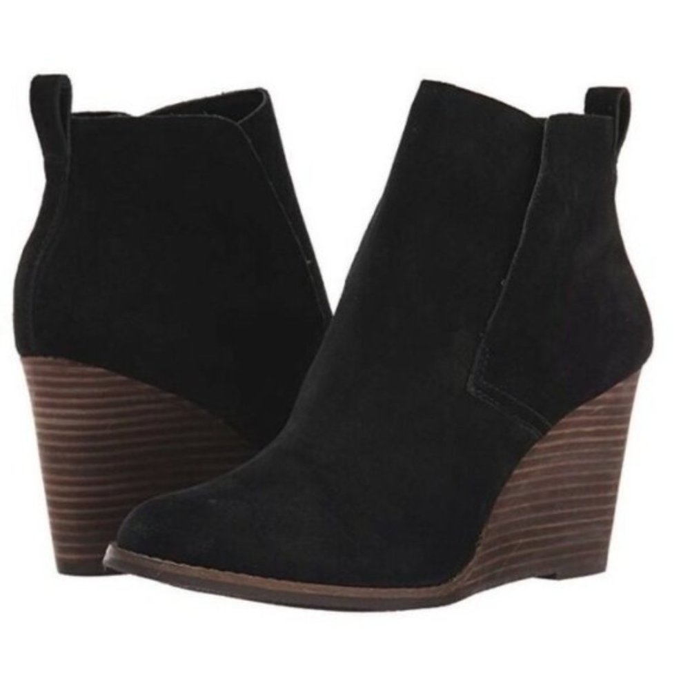 Lucky Brand Black Suede Yoniana Wedge Ankle Bootie Size 8.5M - Picture 1 of 11